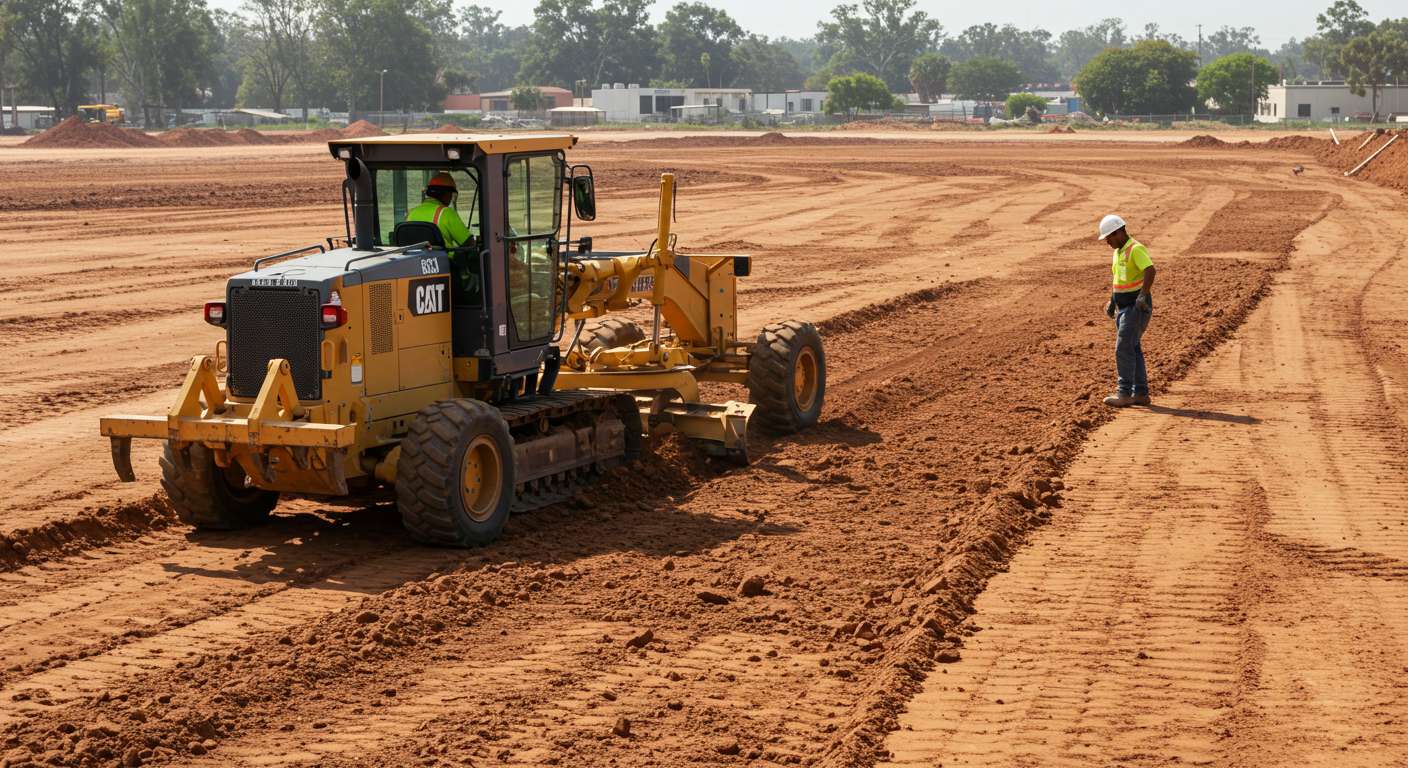Использование грейдера при выравнивании земли
