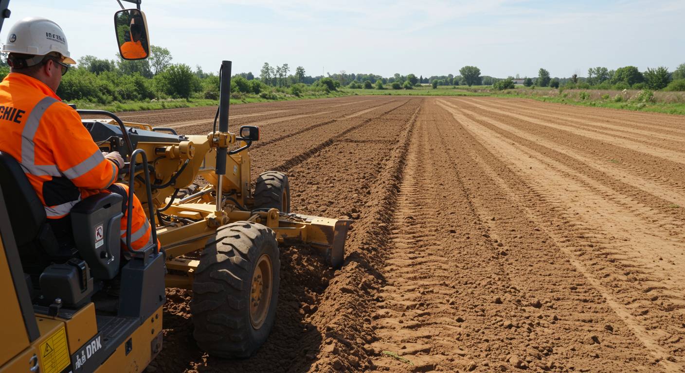 Выравнивание участка с помощью грейдера Выравнивание участка с помощью грейдера