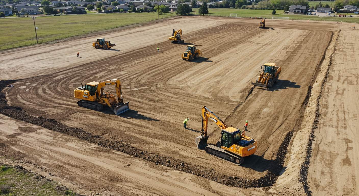 Выравнивание участка для спортивной площадки Выравнивание участка для спортивной площадки