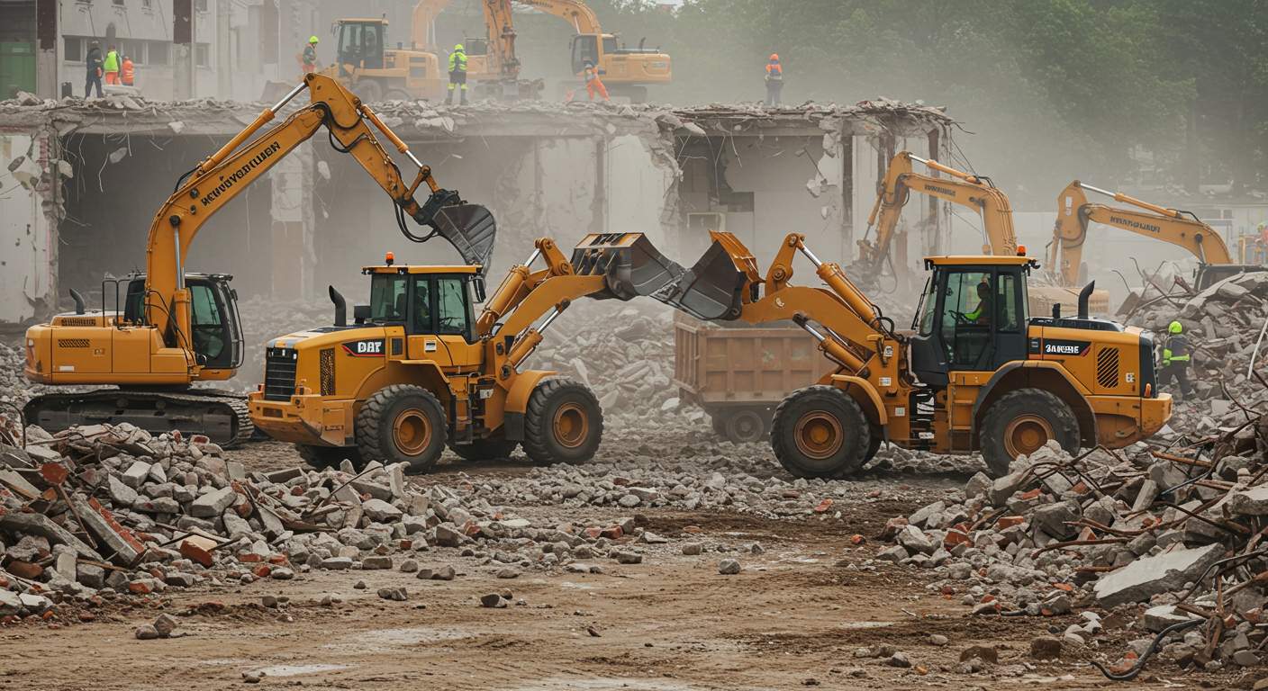 Погрузчик вывозит строительный мусор после демонтажных работ