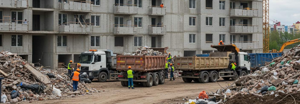 Вывоз строительного мусора контейнеровозами с многоквартирных домов