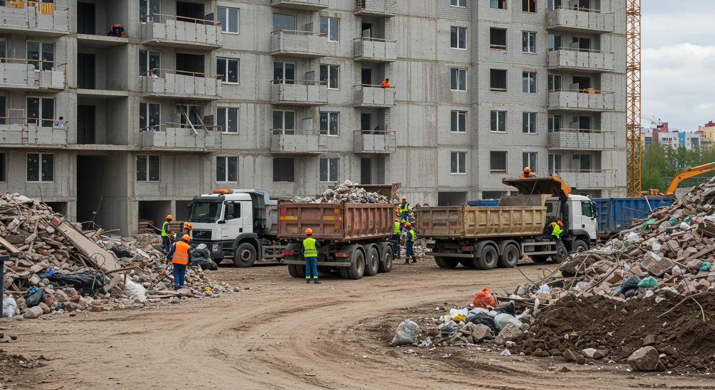 Вывоз строительного мусора контейнеровозами с многоквартирных домов