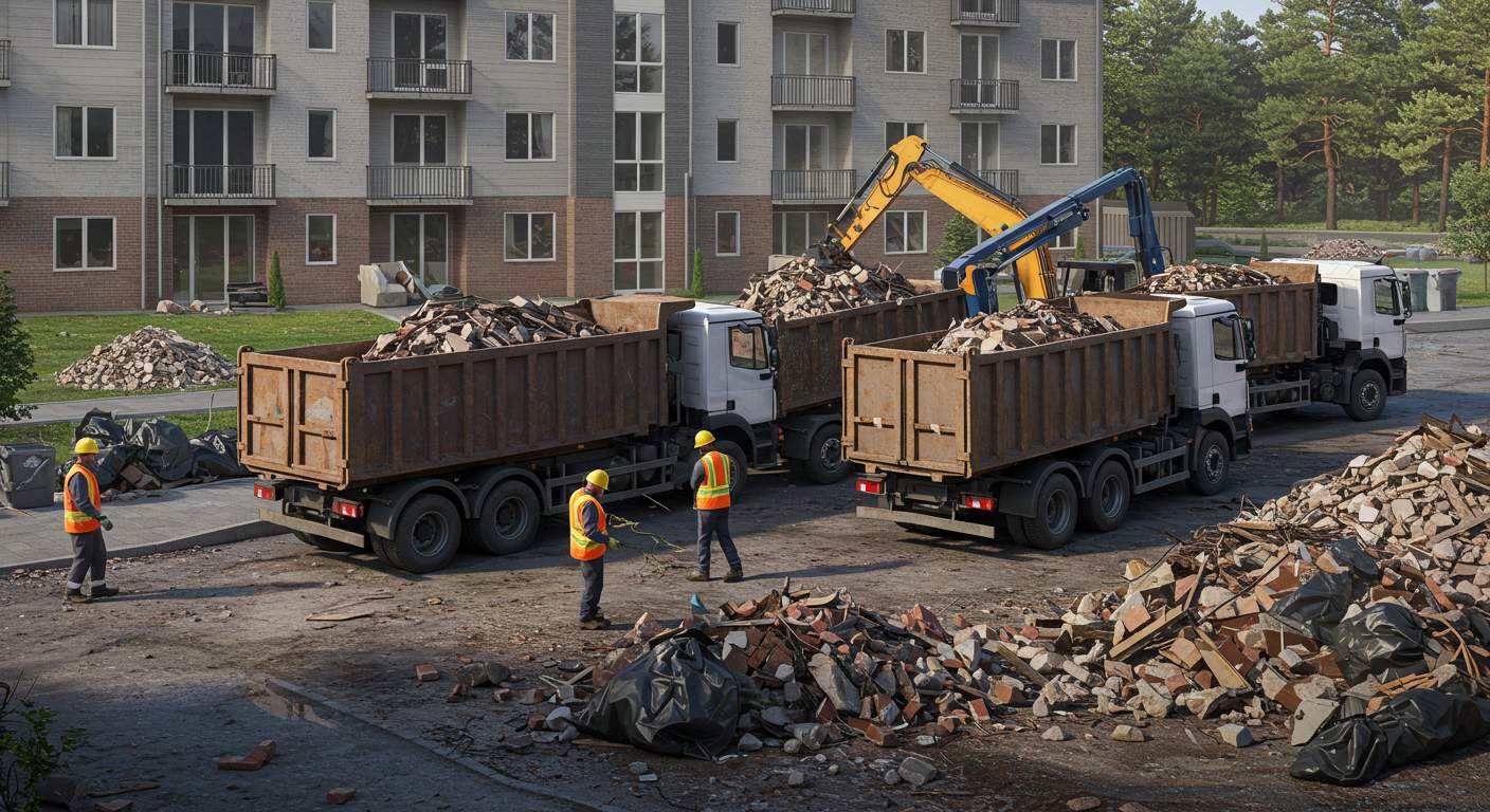 Контейнеровоз вывозит строительный мусор с многоквартирного дома
