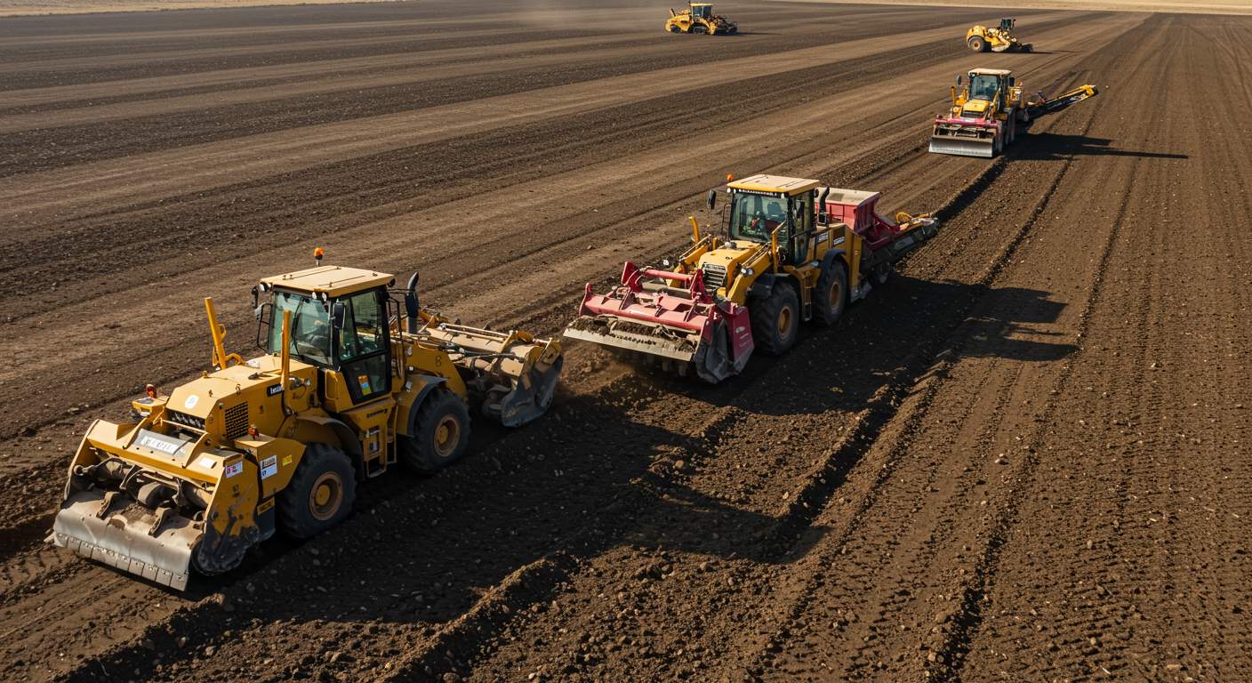 Выравнивание территории с использованием спецтехники для срезки грунта больших участков