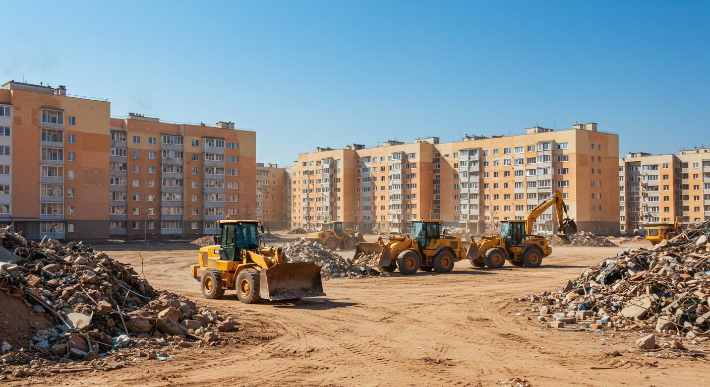 Бульдозер вывозит строительный мусор с многоквартирного дома