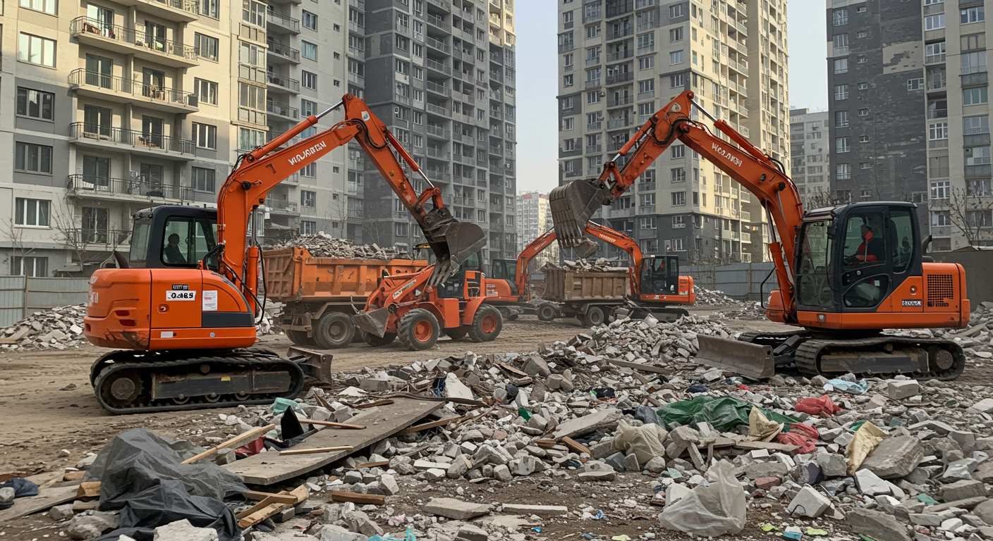 Минипогрузчик вывозит строительный мусор с многоквартирного дома