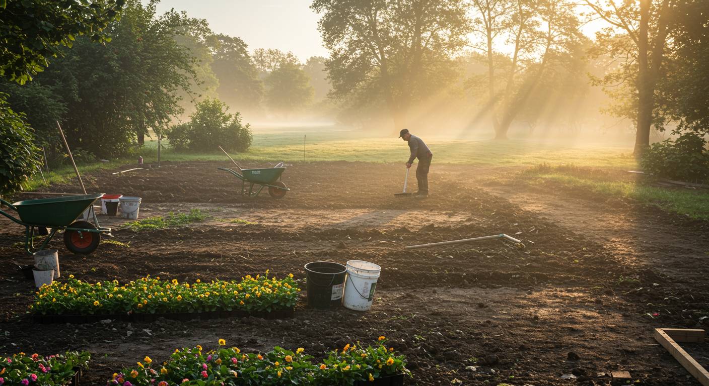 Подготовленный участок для клумб и цветников Выравнивание земли под клумбы и цветники