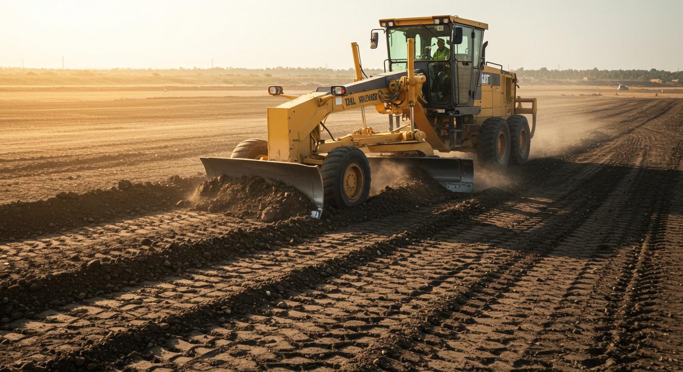 Выравнивание грунта грейдером для строительных площадок