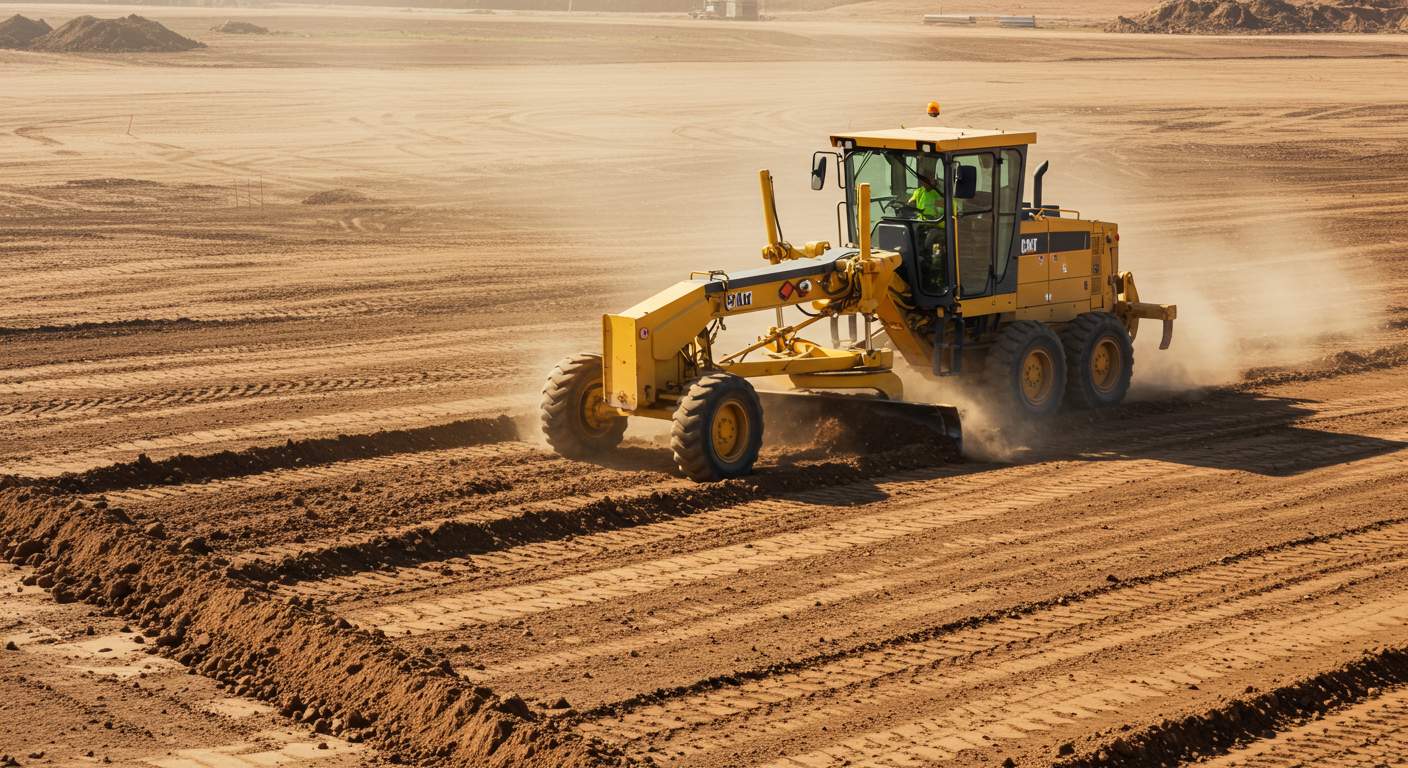 Выравнивание грунта грейдером для строительных площадок