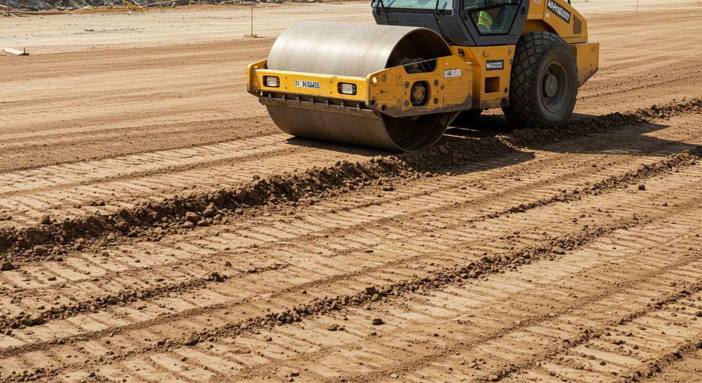 Выравнивание грунта катком для строительных площадок