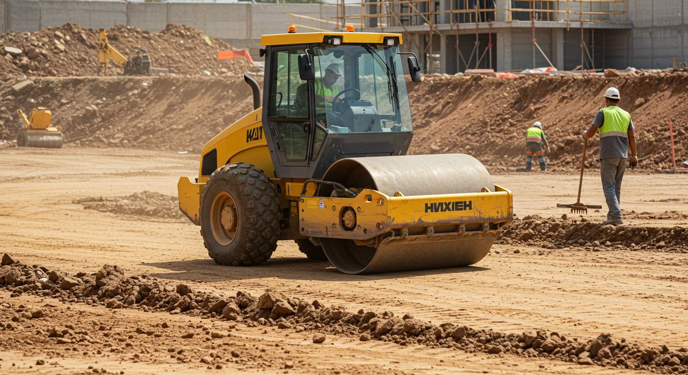 Выравнивание грунта катком на строительной площадке