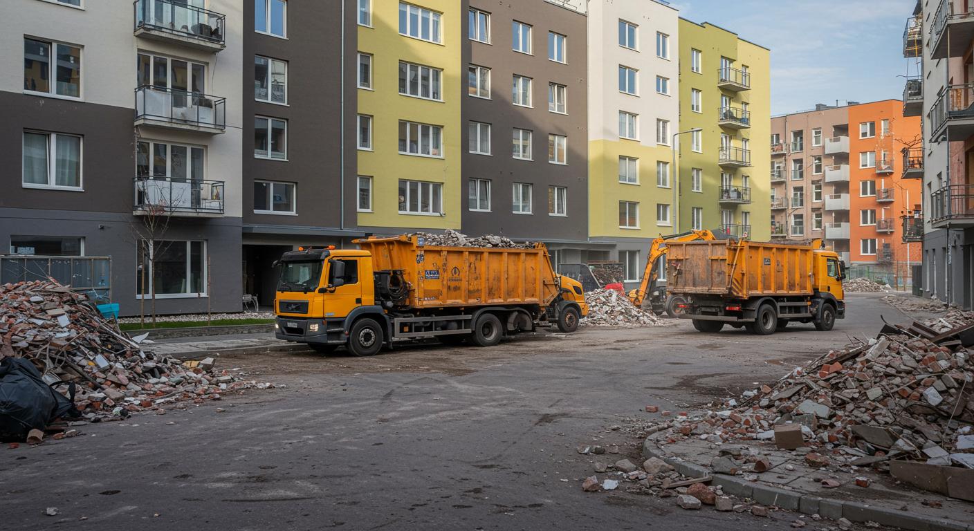Вывоз строительного мусора бункеровозами с многоквартирных домов