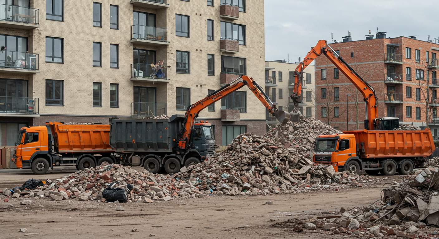 Вывоз строительного мусора с многоквартирных домов с помощью бункеровозов