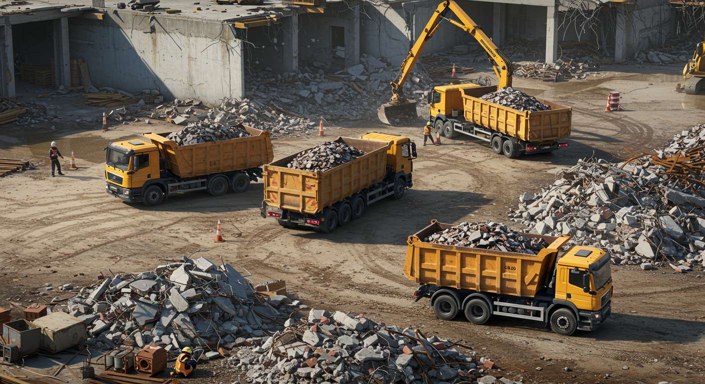 Вывоз строительного мусора бункеровозами с демонтажных работ