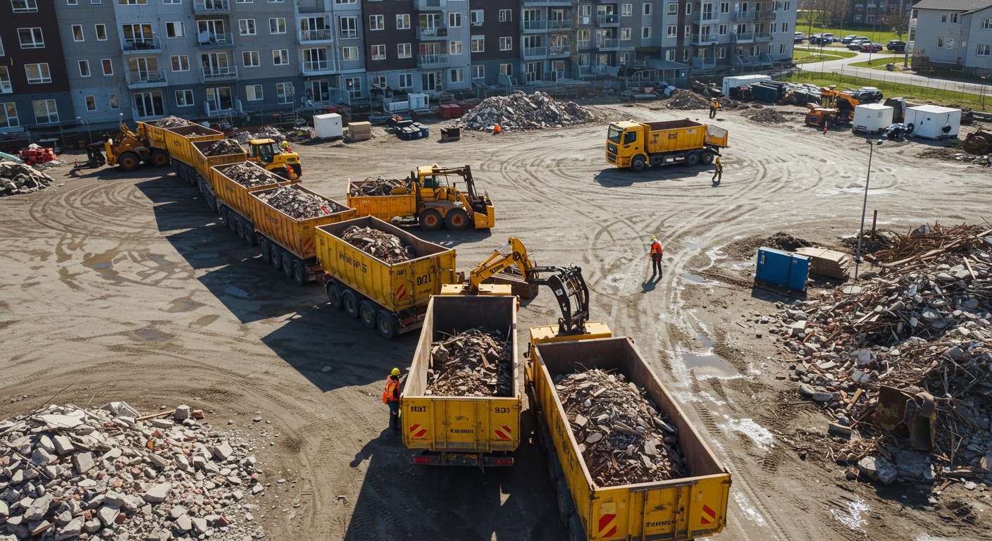 Вывоз строительного мусора автопоездами с многоквартирных домов