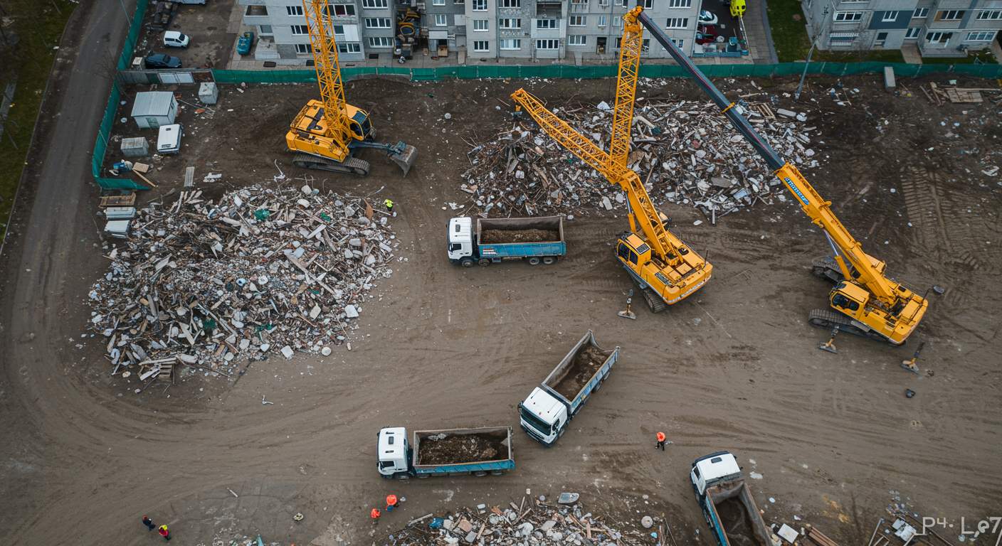 Вывоз строительного мусора с использованием кранов с частных объектов