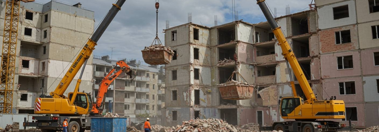 Вывоз строительного мусора с использованием кранов с многоквартирных домов