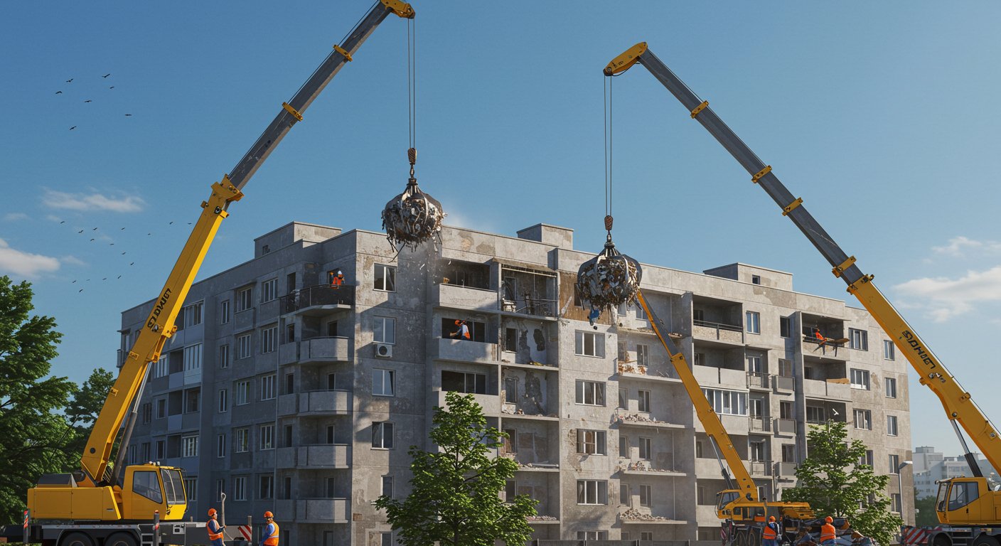 Вывоз строительного мусора с многоквартирных домов с использованием крана