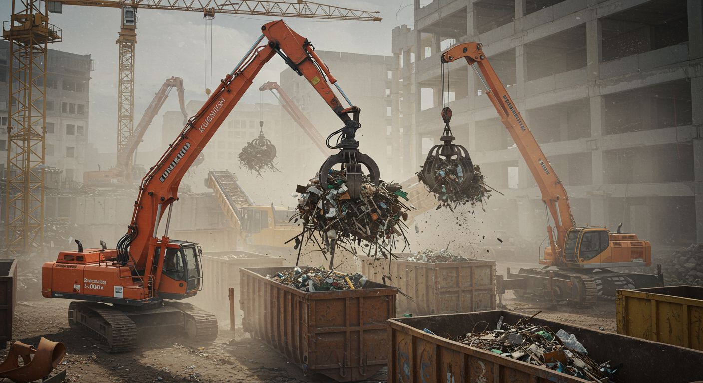 Вывоз строительного мусора с крупной стройплощадки с помощью крана