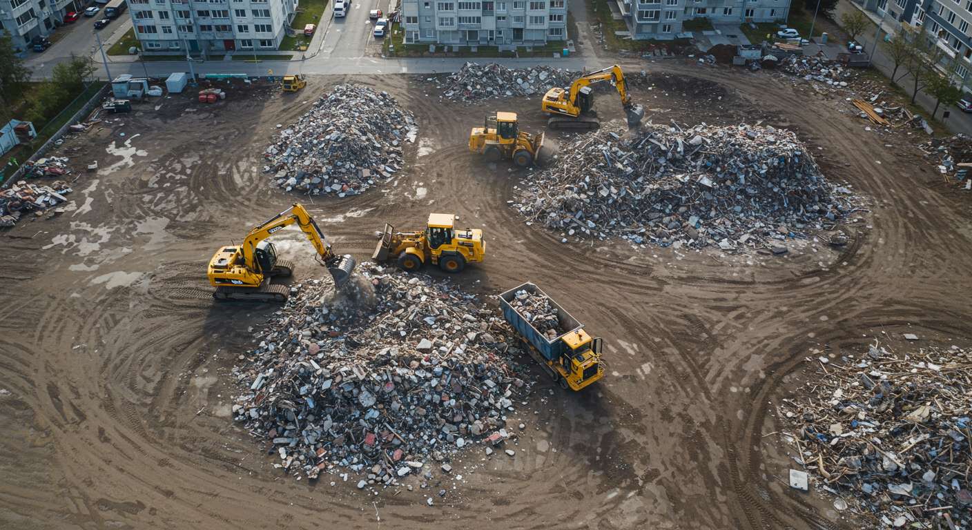 Бульдозер вывозит строительный мусор